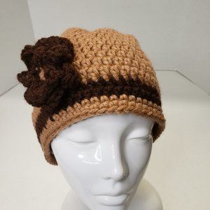 Women Brown Crochet Handmade Cute Beanie Hat with Flower New Headpiece